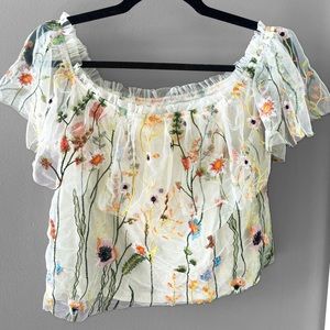 Beautiful floral embroidered crop top with lace mesh